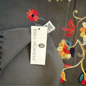 Jessica McClintock Gray Scarf with Colorful Floral Embroidery